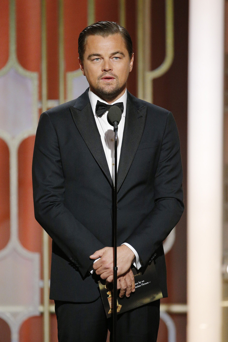BEVERLY HILLS, CA - JANUARY 08: In this handout photo provided by NBCUniversal, presenter Leonardo DiCaprio onstage during the 74th Annual Golden Globe Awards at The Beverly Hilton Hotel on January 8, 2017 in Beverly Hills, California. (Photo by Paul Drinkwater/NBCUniversal via Getty Images)